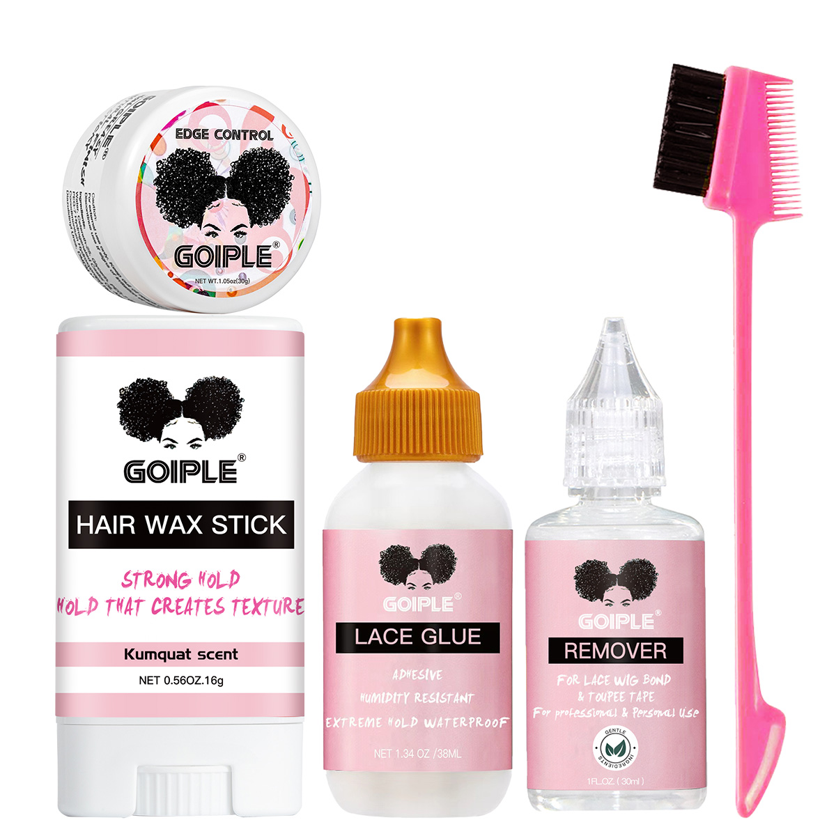 Edge Control Gel - GOIPLE แว็กซ์แท่งจัดแต่งทรงผม, เจลควบคุมทรงผมบริเวณไรผมสำหรับเด็ก, กาวติดวิกผมและน้ำยาล้างกาวพร้อมแปรง ชุดอุปกรณ์ติดตั้งวิกผม