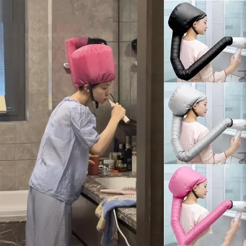 Hair Care Works - หมวกอบไอน้ำสำหรับใช้ในบ้าน 1 ชิ้น ใช้ร่วมกับไดร์เป่าผมได้ อุปกรณ์ดูแลและจัดแต่งทรงผมแบบพกพาสำหรับห้องน้ำ